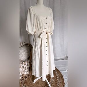 {H&M} Cream, puff sleeve, midi dress.